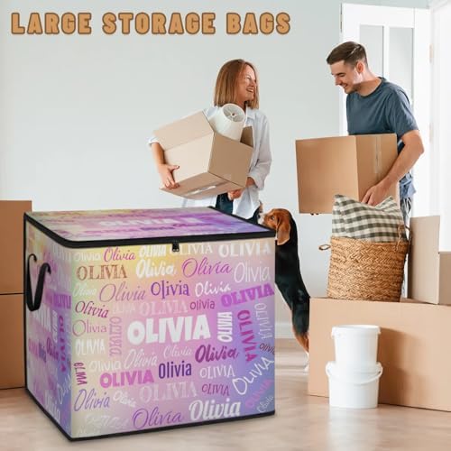 Custom Name Large Clothes Storage Organization with Lids, Bedding Clothes Towel Storage Bin Shelf Basket for Nursery, Gift Basket, Pet Basket, Gradient Pink Yellow Purple Galaxy Background