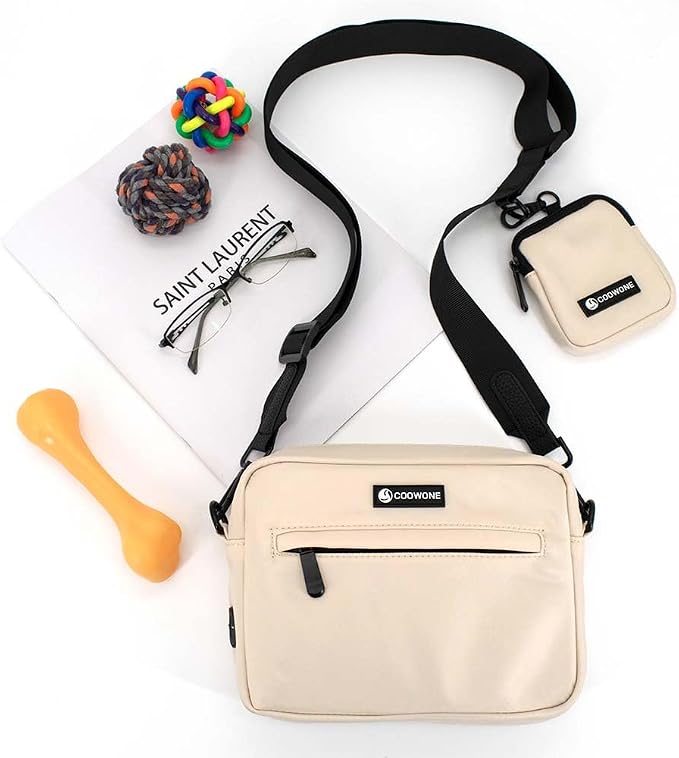 Dog Treat Pouch with Removable Small Pet Training Treat Pouches, Built-in Poop Bag Dispenser, Adjustable Shoulder Strap Cross Body Dog Walking Bag (Beige)
