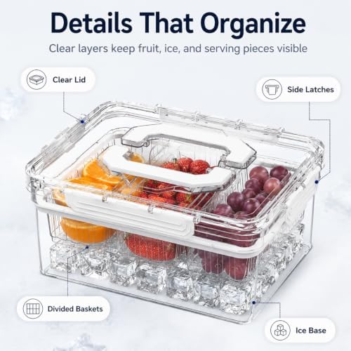 VECELO Ice‑Chilled Serving Tray with 3 Removable Draining Compartments, Cold Food Platter for Party Picnic Buffet,White