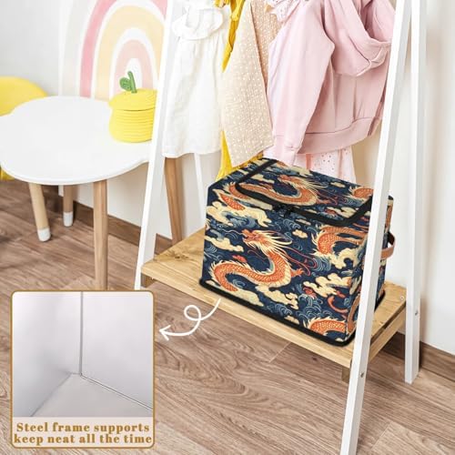 Japanese Dragon Animal Storage Bins with Zipper Lid Foldable Fabric Organizer Box with Handles Rectangular Closet Clothes Organizer Containers