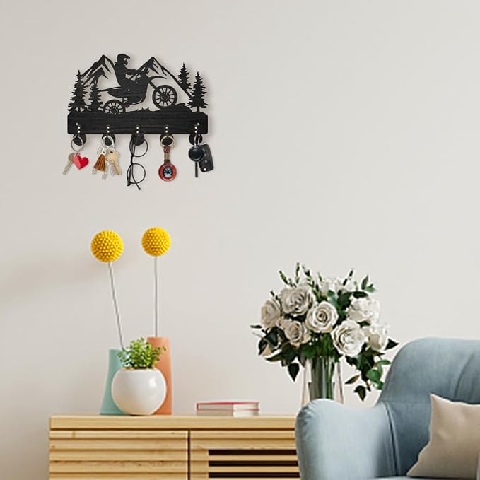 MAYJOYDIY Motorcycle Mountain Forest Coat Hooks, Wall Mounted 11.8x7.9in, 5 Alloy Hooks, Rust Resistant, Wooden Key Holder, Black, 35 Pound Weight Capacity