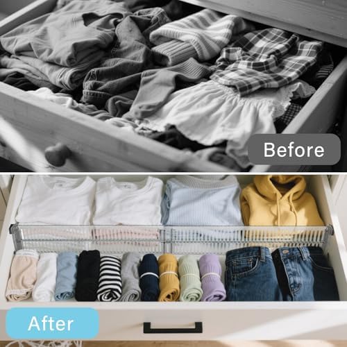 Pack of 4 Drawer Dividers, Adjustable Organiser Made of Crystal Clear Acrylic, Height 8 cm (27.5-51 cm Length), Includes Side Panels and Non-Slip Pads, for Kitchen, Bathroom, Office, Bedroom