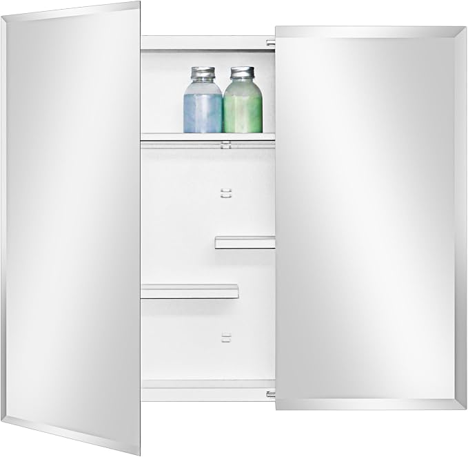 White Metal Double Door Medicine Cabinet 30 x 24 Beveled Mirror, Wall Mount | Double Door Metal Mirror Cabinet with Adjustable Staggered Shelves, Piano Hinge, Fully Assembled, Recessed / Surface Mounting