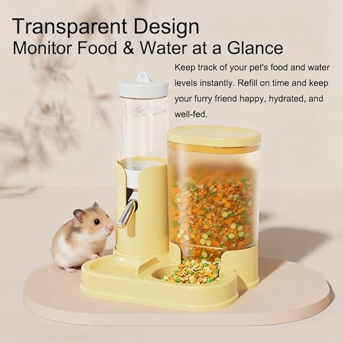 No Drip Hamster Water Bottle, 2 in 1 Automatic Hamster Water Dispenser & Food Bowl, Freestanding Small Animal Water Bottle Cage Accessories for Dwarf Hamster, Gerbil, Rat, Mice (Yellow)
