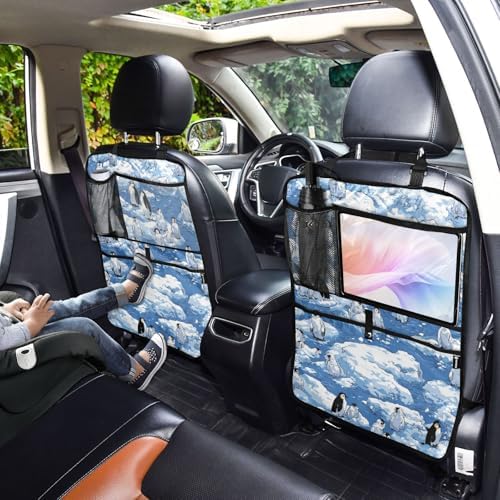 2 Pack Back Seat Car Organizer with Storage Pockets Kick Mats Back Seat Protector Hanging Car Organizer Automotive Seat Back Cover Organizers Blue Penguins Ice Flowers Snow