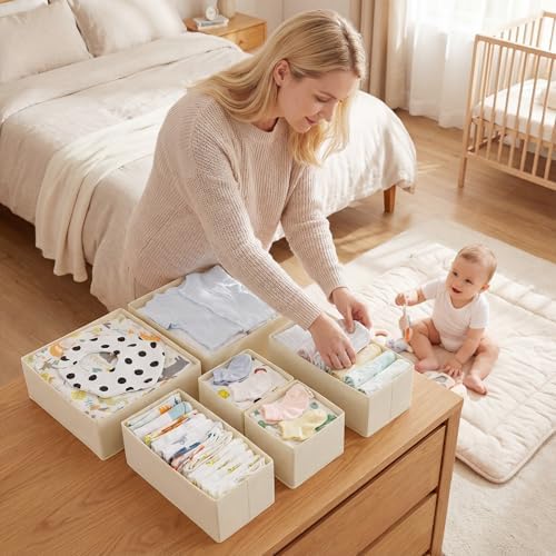 GRANNY SAYS Drawer Organizer Clothes, 6 Pack Dresser Organizer Bins for Nursery, Closet Organization and Storage Dividers for Clothing, Baby Clothes, Underwears, Beige