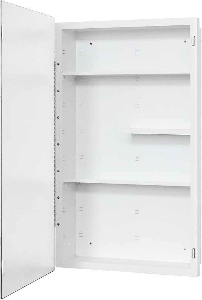 White Metal Medicine Cabinet, 18 x 30 Beveled Mirror, Surface Mount Storage | 18 x 30 Mirrored Medicine Cabinet with Adjustable Staggered Shelves, Piano Hinge, Left/Right Swing, Preassembled, Matte White