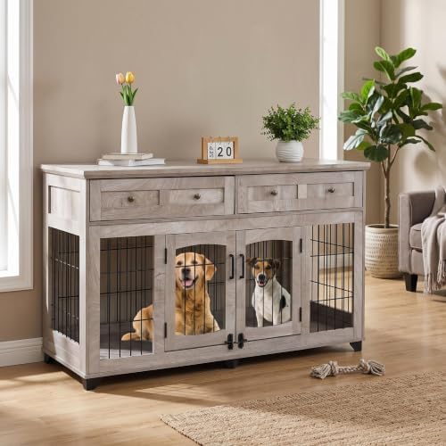 Large Dog Crate Furniture 58" with 2 Drawers & Divider | Heavy-Duty Wood Frame; Detachable Divider; Fits Two Dogs; Sturdy & Chew-Resistant; Easy Assembly; For Living Room Or Bedroom