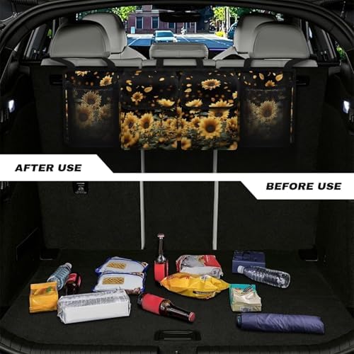 Sunflower Car Trunk Organizer Hanging Car Back Seat Storage Bag with 4 Large Pockets Multipurpose Collapsible Storage Bag Automotive Interior Accessories
