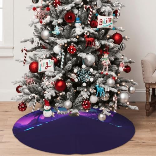 Christmas Tree Skirt, Soft Polyester Xmas Tree Skirts with Ribbon Ties, Rustic Farmhouse Holiday Party Decorations Inspired 80'S Scene Synthwave Retrowave Music 36"