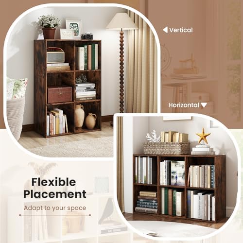 Giantex 6-Cube Bookcase, 3-Tier Cubby Bookshelf, Horizontal Vertical Display Rack with Anti-Tipping Kits, Modern Storage Organizer Shelf Unit for Living Room, Home Office, Rustic Brown | Horizontal Vertical Display Rack with Anti-Tipping Kits, Modern S...