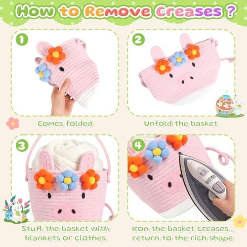 Small Woven Storage Basket with Handle, Cute Cartoon Pig Baskets for Gift Empty, Cotton Rope Storage Basket for Toy Organizer