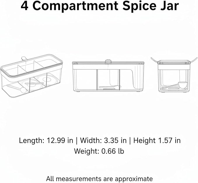 Fits Kitchen Countertops: 4-Section Spice Organizer, Durable PET Plastic Seasoning Caddy for Salt, Pepper, and Dry Herbs, Compact 13-Inch Storage Box