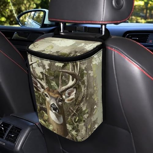 DISNIMO Hunting Camo Deer Car Trash Can with Lid Collapsible Reusable Car Garage Bag Trash Bin, Automotive Garbage Can,Car Accessories Interior Car Organizer, Black