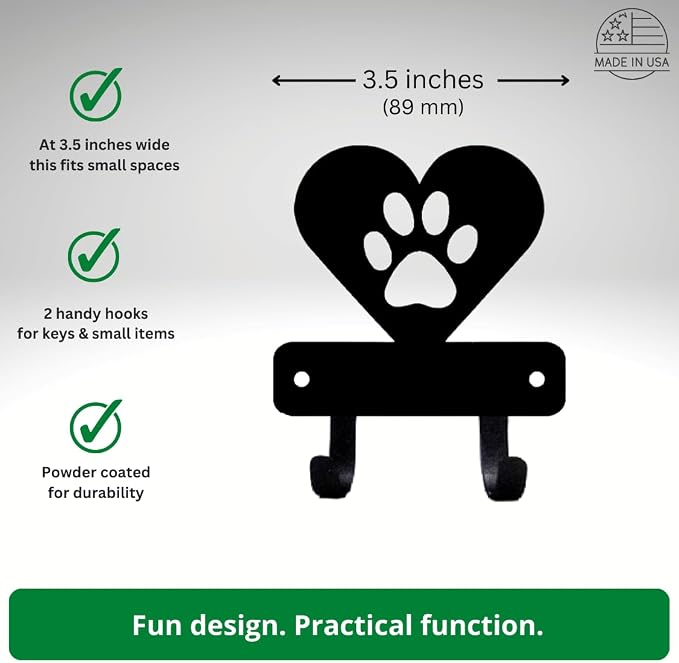 Miniature Dog Paw in Heart - Key Rack Holder (3.5 inches) | Made in USA. 2 Hooks. Wall Mounted