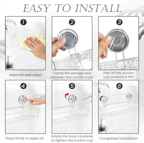 Huakaile 15''/38.2 CM Corrugated Suction Cup Storage Holder Shelf, Wall-Mounted Suction Shower Caddy with Drainage Holes & 4 Hooks No Drill Movable Rack Organizer for Bathroom Kitchen (Clear)