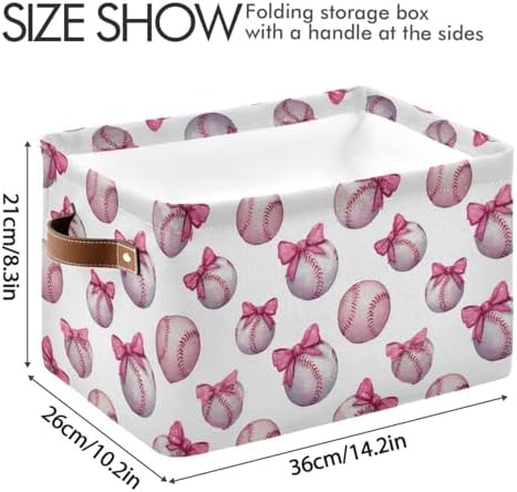 Pink Bow Baseball Square Baskets Storage Bins Foldable Fabric Organizer Bin Open Home Shelf Baskets