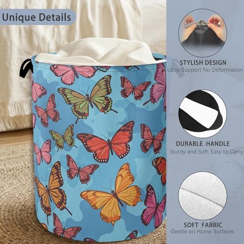 Colorful Butterfly Laundry Basket,Foldable Oxford Cloth Tote Bag Laundry Hamper Clothes Storage Bucket Organizer for Bedroom Laundry Storage Dormitories 16" x 20.8"