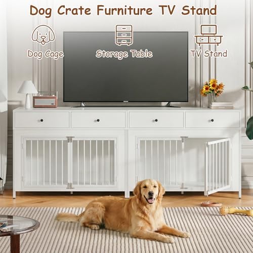 2 Pcs Large Dog Kennel Furniture with 2 Drawers, Wooden Dog Crate, White | 44 inch dog crate furniture with storage, decorate end table, dog cage for small medium large dogs