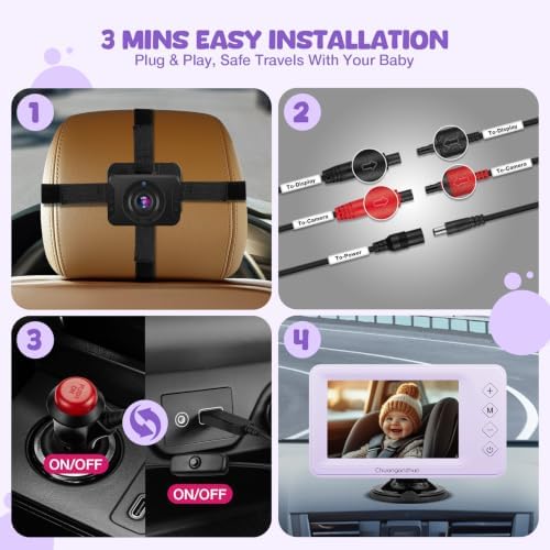 S100U Baby Car Camera with Advanced Night Vision, 5inch AHD 1080P IPS Full View Baby Monitor, Carseat Camera for Kids Infants Rear Facing Mirror, USB Powered, 5inch, Light Purple