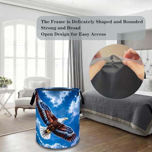 Eagle Laundry Basket Hamper, Organizer Bins Gifts for Women Kids, American Flag Bald Eagle Foldable Waterproof Clothes Hamper Handles Storage Bucket for Bedroom Bathroom Room Decor 19.7"x15.7"