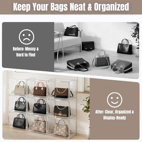 10 Pack Acrylic Purse Storage Organizer for Closet, Stackable | Clear handbag display case with Magnetic Doors, for Hats Books, and Collectibles