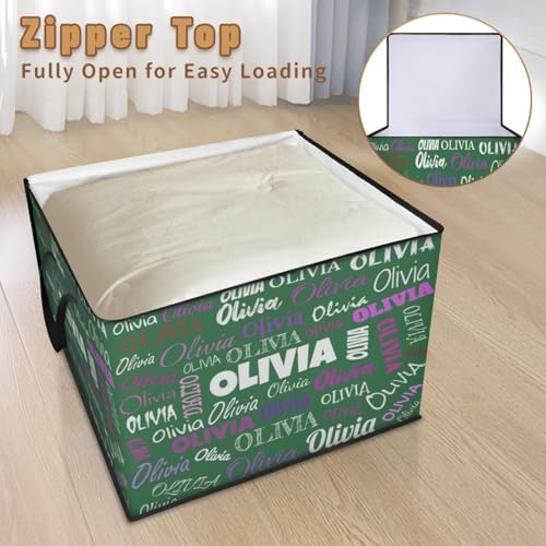 Personalized Storage Bags with Lid Large Blanket Clothes Organization and Storage Containers for Comforters,Bedding, Foldable Organizer with Reinforced Handle, Deep Froest Green