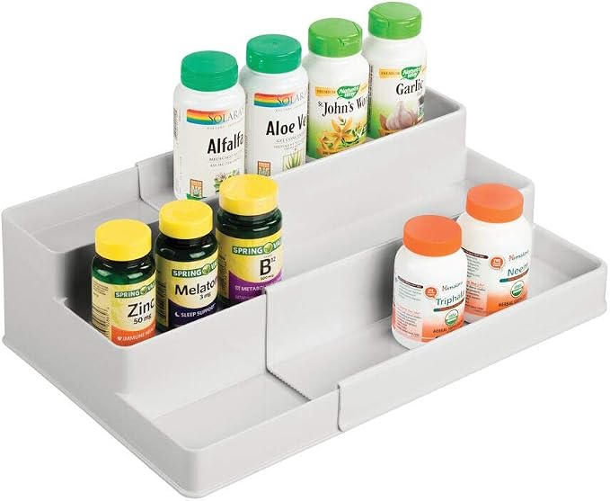 mDesign Plastic Expandable 3-Tier Shelf Rack Organizer - Storage for Bathroom Vanity, Cabinet, Cupboard, Drawer - Holds Medicine, Vitamins, Supplements, Cosmetics - Ligne Collection - Light Gray