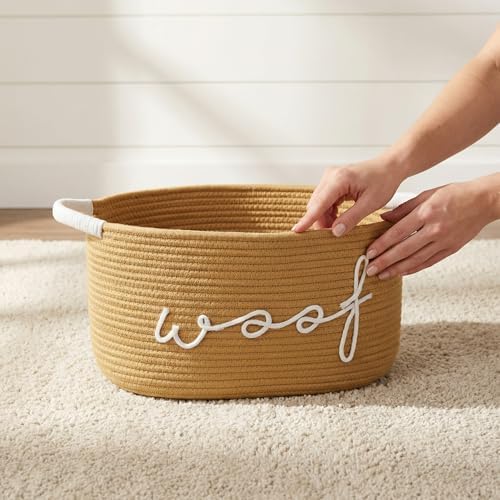 Premium Dog Toy Bin - Large Cotton Rope Pet Toy Basket with Durable Handles, Collapsible Storage Organizer for Puppy Chew Toys, Blankets and Accessories (Yellow)