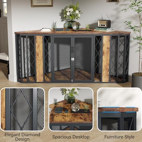 kepptory 67" Corner Wooden Dog Crate Furniture with Diamond Metal Decoration, Pet Kennel for Small, Medium and Large Dogs, Space-Saving Dog Cage for TV Stand(Brown)