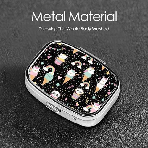 Stainless Steel Pill Box Jewelry-Sized Medicine Organizer Moisture-Proof Outdoor Adventure Gear, Ice Cream Animals Cat Panda Unicorns Colorful Polka Dots Black