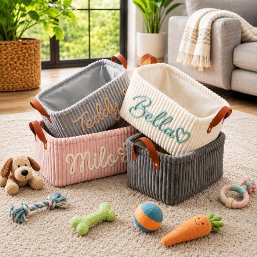 KALOTOYS Personalized Dog Toy Basket with Pet Name, Custom Corduroy Pet Storage Bin with Knitted Name and Icon, Dog Cat Toy Organizer for Toys Treats Accessories