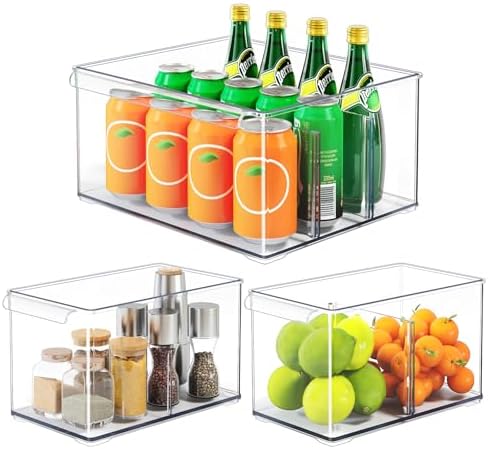 Clear Plastic Storage Bins with Dividers for Fridge Pantry Organizers and Storage Containers, 3 Pack Large Acrylic Stackable Sturdy Storage Boxes for Home Edit and Cabinet Organizers C6-2