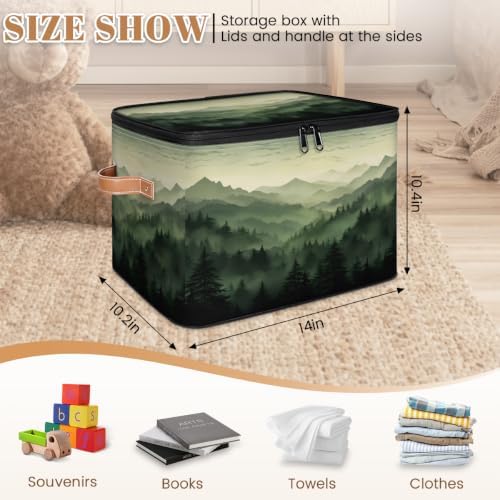 Green Misty Forest Collapsible Fabric Storage Bin with Lids | Storage Basket, Foldable, Waterproof, Handle, Large, Closet Organizer, Home, Nature Woodland