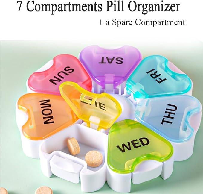 Portable Travel Size 7 Day Pill Box Case with Spring Open Design | Weekly Pill Organizer Daily Large Compartment Meds Container for Vitamins, Cod Liver Oil, Supplements, Fish Oil, Medication
