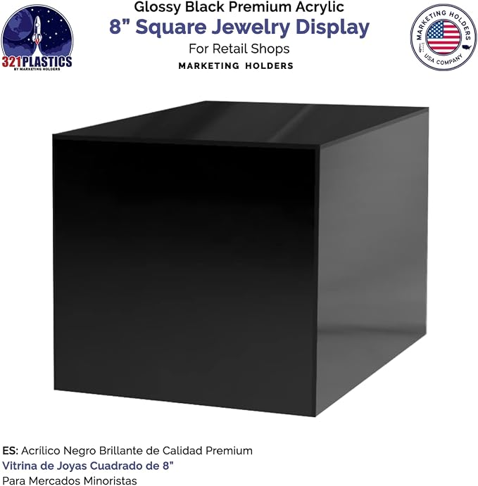 4 Pack 8 Inch Box Glossy Black Acrylic One Piece Display Box No Lid with One Open Side Versatile Square Plexiglass Merchandise Storage Bin or Retail Product Riser by Marketing Holders