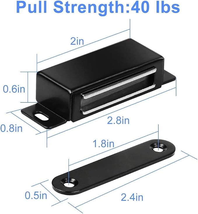 Strong Cabinet Magnets for Closure 40 lbs 2 Pack - Hold Warped Doors Tight | Magnetic Door Catches/Latches Black for Cupboard Closet Drawer Window - Strip-Proof Screws Install in 5 Mins