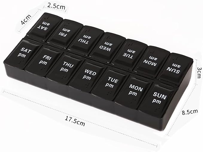 Travel Pill Organizer, Small Pill Case Holder Daily Medicine Box | Black 14 Compartment Container for Vitamin Supplement Pocket Pharmacy, Medicine Dispenser Purse Cute Tablet Meds Capsule