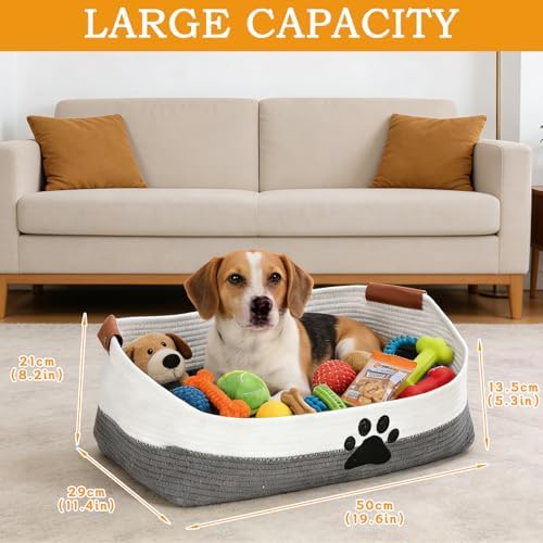 Woven Dog Toy Basket Large 100% Cotton Rope Basket for Dog Cats Toys Dog Toys Box for Living Room Area-Trapezoid Dog Toys Bin-Nursery Gift for Pet Toys,Collar,Leash,Blanket,Clothes-Grey