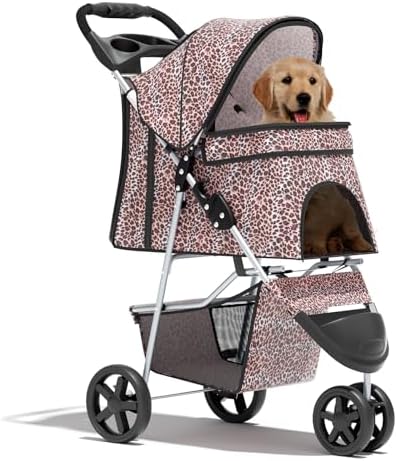 Foldable 3-Wheel Pet Stroller for Dogs & Cats, Leopard Print | Storage Basket & Cup Holder, Breathable Mesh Cover, Lightweight and Durable, for Small to Medium Pets, up to 33 lbs