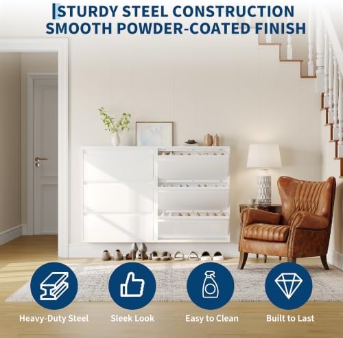 Garvee Slim Metal Shoe Cabinet with 3 Flip Drawers for Entryway, White | Narrow Shoe Storage, Wall Mounted or Floor Standing, Detachable Bottom Corners for Flexible Placement, Anti-Tip Wall Mount