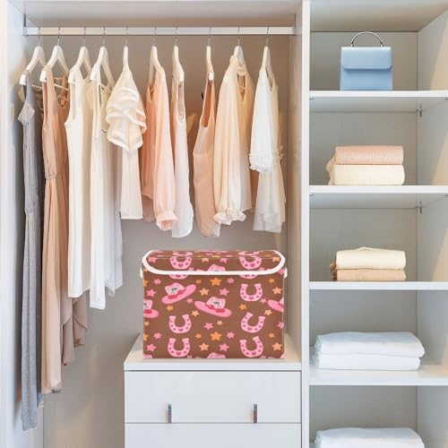Pink Cowboy Hats Horseshoes Storage Bins with Lids Foldable Storage Basket with Handles Collapsible Large Fabric Organizer Containers for Clothes Shelves Closet Office Home
