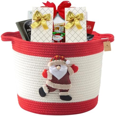 Christmas Basket with Santa Claus Doll, Woven Cotton Rope Christmas Storage Basket with Handles, Christmas Toy Baskets for Towels, Diapers, Red