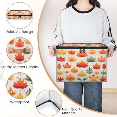 Fall Collapsible Fabric Storage Bin with Zipper Lid | Storage Basket, Foldable, Waterproof, Handle, Large, Closet Organizer, Home, Fall Maple Leaves
