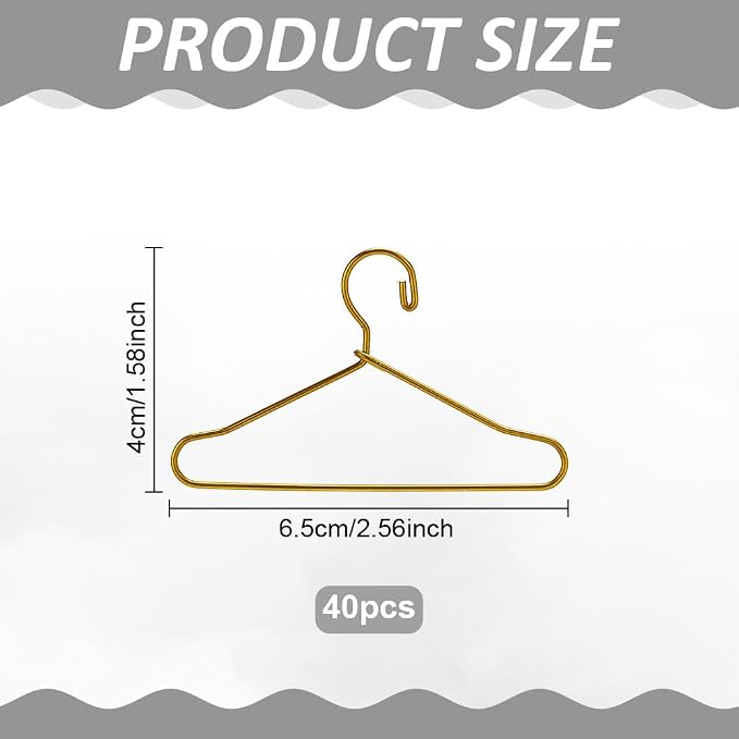 40 Pcs Mini Metal Clothes Hangers 2.6x1.6 Hanger Hooks for Small Clothing Racks Tiny Gold Wire Garment Holder Mini Doll Clothes Hangers for Dollhouse Wardrobe Gown Dress Outfit