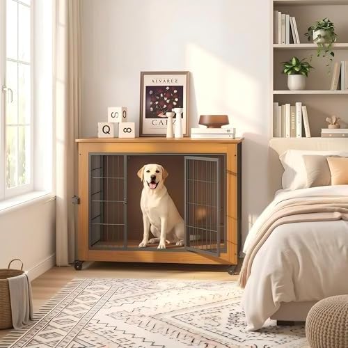 Dog Crate Furniture with Wheels, Wooden Dog Kennel Indoor, Decorative Side End Table for Small Dogs, Easy Installation (38.6'')