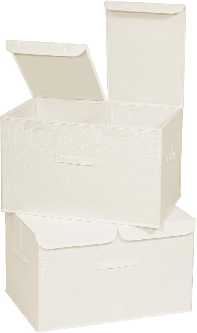 2 Pack Large Storage Boxes with Lids and Handles, Collapsible Linen Storage Bins Organizer Containers Baskets Cube with Removable Divider for Home Bedroom Closet Office (Cream, XL)