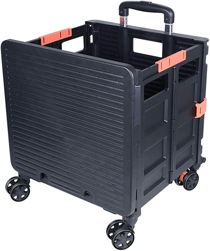 Foldable Utility Cart Folding Portable Rolling Crate Handcart Shopping Trolley Wheel Box with Lid Wear-Resistant Noiseless 360°Rotate Wheel for Travel Shopping Moving Storage Office Use (Black)