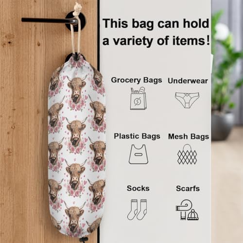 Pardick Plastic Bag Holder Heart Rose Highland Cow Wall Mount Grocery Bag Holder Wasgable Plastic Bag Dispenser Garbage Bag Organizer for Home Kitchen Decor, Gifts for Women Mom Family Friends