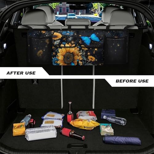 Sunflower Butterfly Car Trunk Organizer, Hanging Car Back Seat Storage Bag with 4 Pockets, Universal Automotive Interior Accessories, Keep Your Trunk Tidy